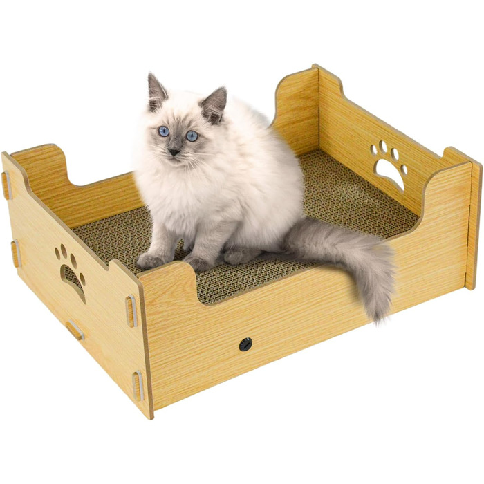 Кігтечка для котів з гофрокартону, велика, XXL, коробка-ліжко, кігтешкребок для котів, килимок для кігтів, з високоякісного гофрокартону та дерева, подарунок для любителів котів, жовто-білі смуги (натуральний колір, 38,5x30x15,5 см)