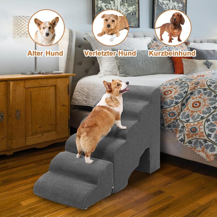 Східці для собак A.FATI 60 см, 6 сходинок, для ліжка, рампи для пружинного матрацу, неслизькі, для маленьких/травмованих собак та котів, темно-сірий колір