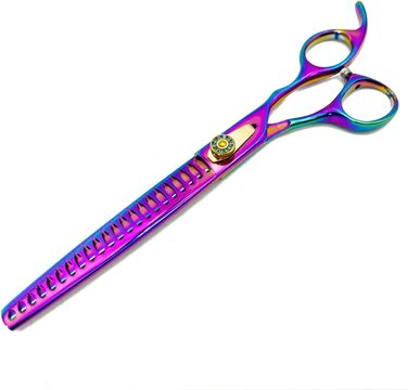 Професійна ножиці для грумінгу собак, 21 см, фіолетовий колір. Ножиці для стрижки та розрідження шерсті, з двостороннім зазубренням.