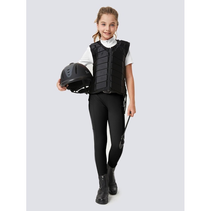 Дитячі штани для їзди верхи FitsT4 - спортивні рейтузи для дівчаток, повний силіконовий наповнювач, рейкові штани, літні штани з 2 бічними кишенями та петлями для ременя, чорний колір, розмір L