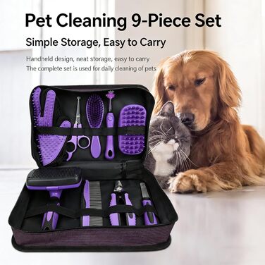 Набір для догляду за шерстю собак та котів (9 шт.): триммер для кігтів, щітка-вичесалка, купальна щітка, скребок для шампуню та аксесуари для грумінгу для короткошерстих та довгошерстих тварин