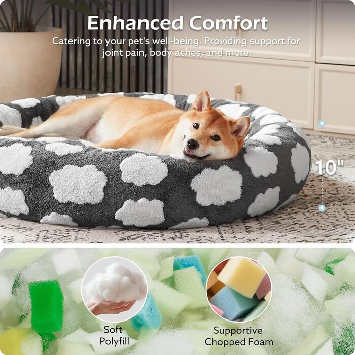 Кругле ліжко для собак JOEJOY Donut, сіре, велике (36x36x10 см), ортопедичне, знімний чохол, антиковзаюча основа