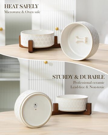 Набір мисок для собак Malacasa з підставкою з горіхового дерева, 3.5 чашок кераміки, миски для кормів та води для цуценят та собак, з антиковзним дном, підходить для собак та котів. В комплекті: п'ятилистове трав'яне добриво + стільнички.