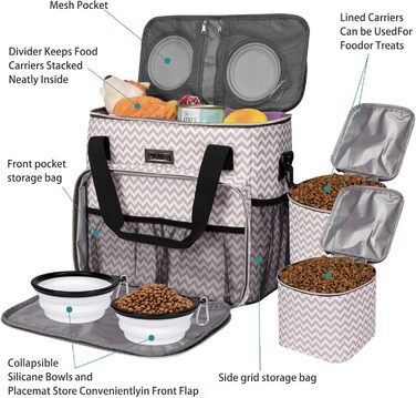 Сумка для подорожей з тваринами Baglher, переноска для собак та котів, з двома контейнерами для корму та двома силіконовими мисками; незамінний набір для подорожей з домашніми тваринами (Medium, Blw)