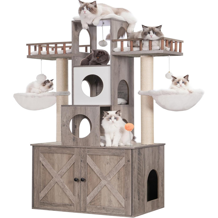 Heybly HCT110SG Когтеточка з туалетом для котів, для великих котів до 9 кг, міцний сучасний котячий будинок з когтеточками, для дому, рустикальний сірий