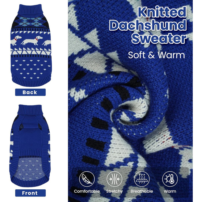 Пуловер для собак Лелепет для такс, в'язаний пуловер з візерунком такси, теплий пуловер для великих собак з високим коміром, зимовий пуловер, зелений (XL, синій)
