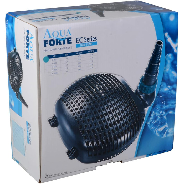AquaForte EC 8000 фільтр-насос для ставка, 50 Вт, 8000 л/год, 4 м, кабель 10 м, для водоспадів, струмків, фонтанів