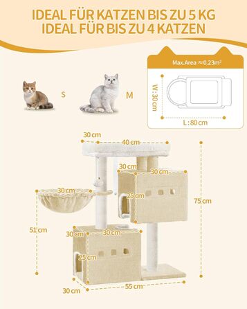 Дерево для кігтів Hzuaneri Kratzbaum 75 см, стійкий, з великою лежанкою, гrottoм, сизалевими стовпами, кошиком та іграшками, меблі для котів, MS07618LG (55 x 30 x 75 см, бежевий)