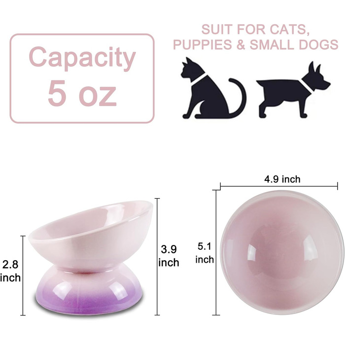Підвищений годівниця для котів з кераміки, нахилений миска для води або корму, порцеляна, без стресу, запобігання зворотному потоку, придатний для миття в посудомийній машині та мікрохвильовій печі, колір лаванди з градієнтом