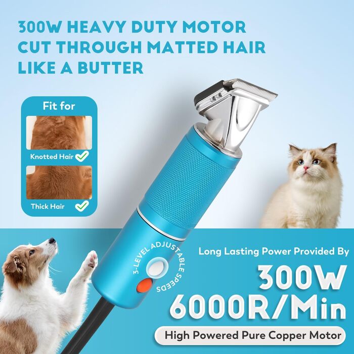 CGOLDENWALL Професійна машинка для стрижки собак, 300W, регулювання швидкості, 3м кабель, для всіх типів шерсті, 2 насадки (3/6мм, 9/12мм)