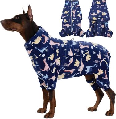 Флісова куртка для собак Rozkitch, теплий пуловер, піжама, вітростійка, тепла, для холодної погоди, жилет з відбиваючим блискавкою, комбінезон, одяг, костюм для великих собак, динозавр 4XL (довжина спини: 31.1') (2XL(довжина спини: 23.6'), BlueDinosaurier