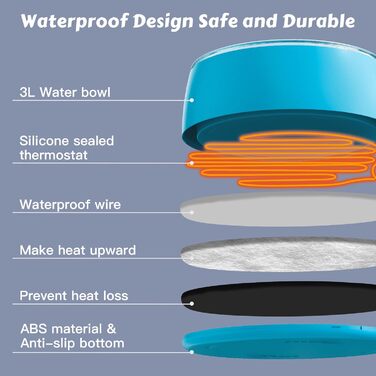 Нагрівальний миска для тварин Newget 3L, для собак та котів, на вулицю, водонепроникна, з мотузкою, smart, A-блакитний