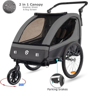 Дитячий велосипедний причіп Tiggo VS 2в1 з амортизацією та поворотним з'єднанням 360° - для 1-2 дітей (до 40 кг), темно-сірий