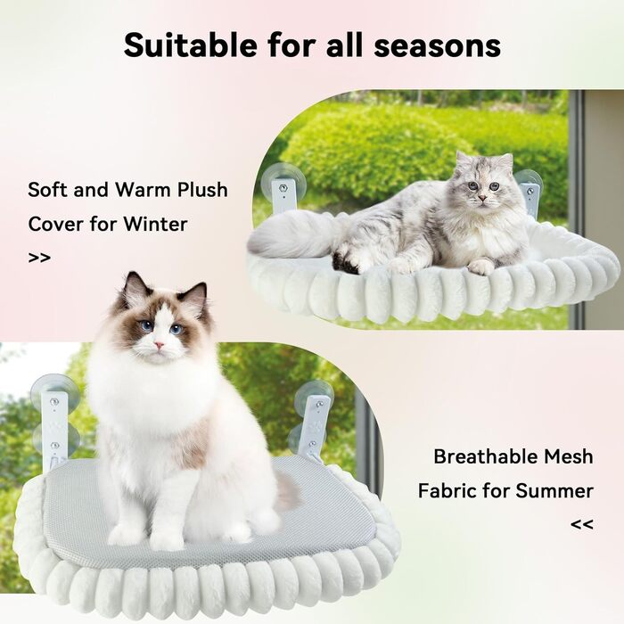 Килимок для котів на вікно CareCooo, лежанка для котів на вікно з м'яким знімним чохлом, стабільна лежанка для котів на вікно до 18 кг, розмір M (52x30 см), білий