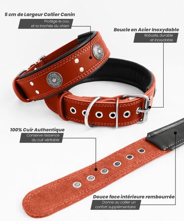 Стильний шкіряний нашийник для собак, ручної роботи, 5 см, червоний, розмір 38-49 см