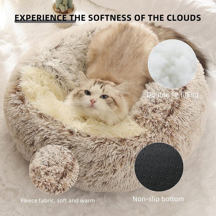 Кругла лежанка-будиночок для котів та собак, м'який плюш, з капюшоном, 60x60 см, колір кавовий