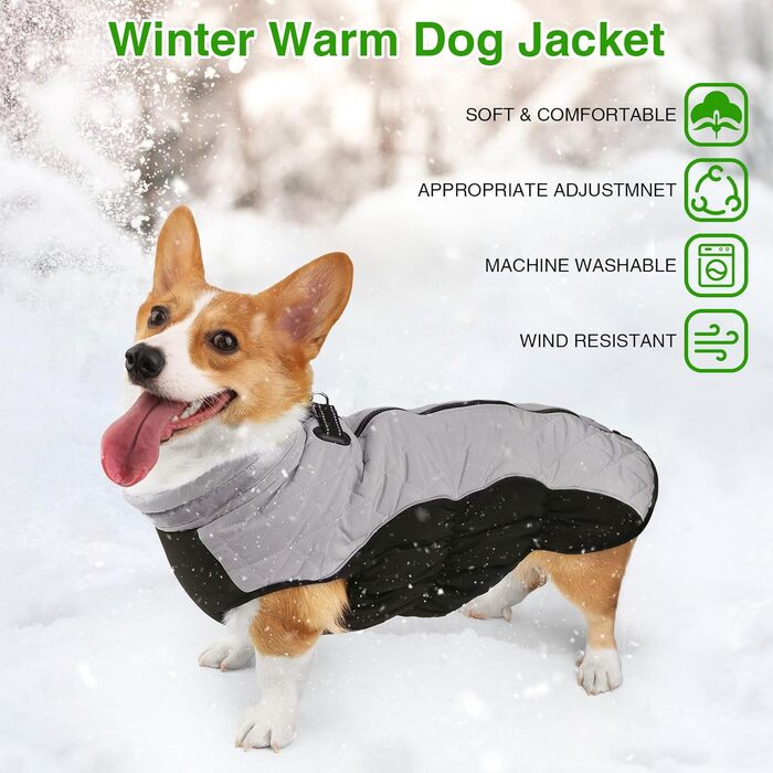 Зимова куртка для собак, водовідштовхувальна, тепла, м'яка, вітрозахисна з кріпленням для повідка, світловідбиваюча, на блискавці, з регульованою застібкою, для маленьких та середніх собак (зелена, сіра, XL)