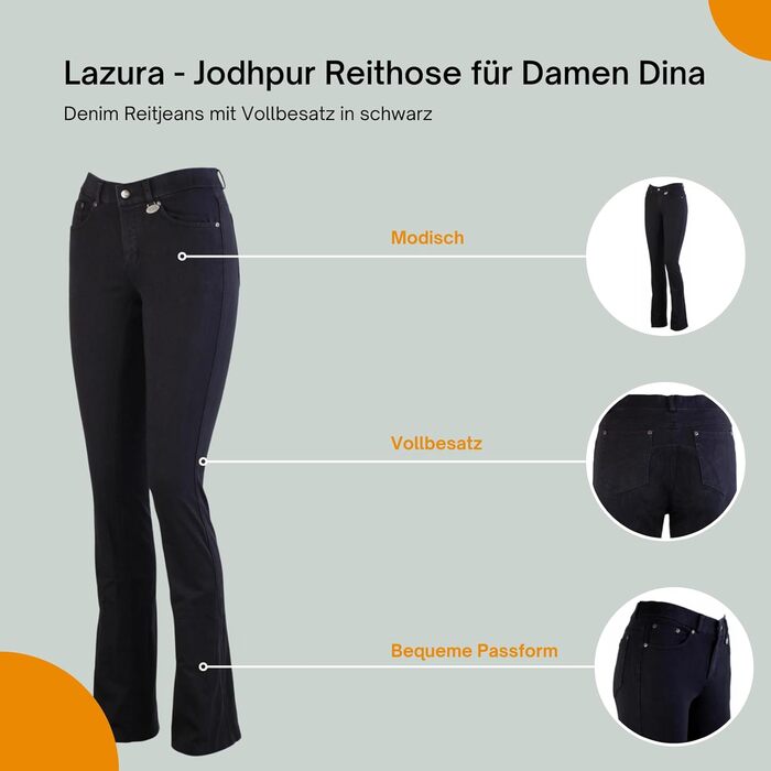 Лазура - жіночі рейтузи Джодхпур Діна | Джинсові рейтузи з повним обтиском | Дихаючі та еластичні рейтузи з повним обтиском | Джинсові рейтузи з 5 кишенями | Рейтузи для верхової їзди в 3 кольорах | Розміри 36-46 (46, Чорний)