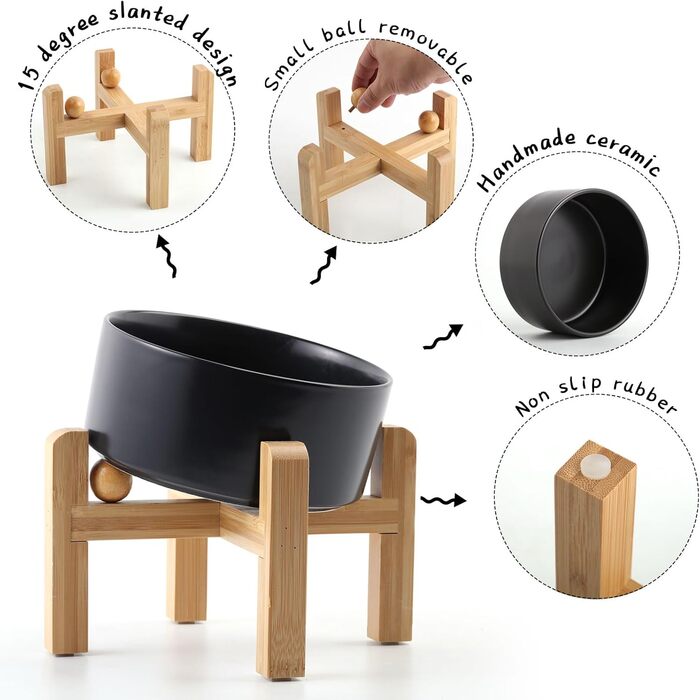 Керамічна годівниця для собак та котів Petygooing, нахилена, протиковзна, з підставкою, чорна, 3.6 літри