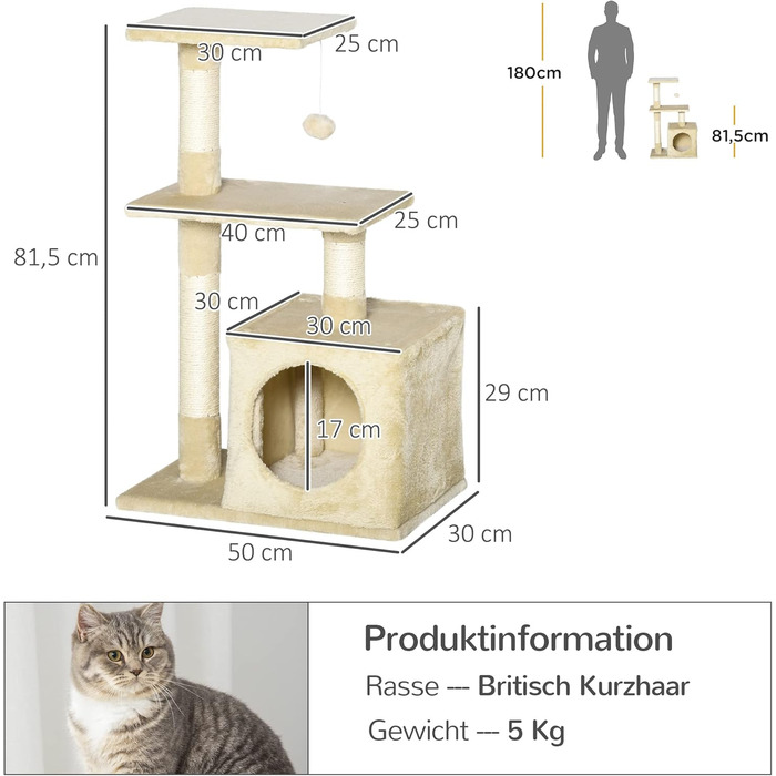 Дряпальня для котів PawHut з сизалю, котячий комплекс, кігтеточка, іграшка для котів, стабільна, з м'яким плюшем, E1-клас ДСП, бежевий, 50 x 30 x 81,5 см