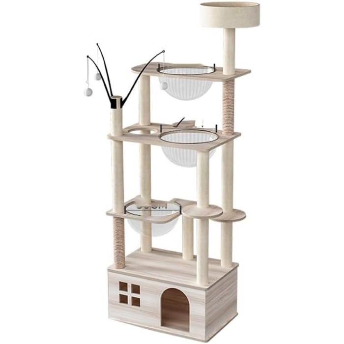 Великий котячий комплекс з подряпуванням, 173 см, XXL, 13 стовпчиків, 5 платформ, 3 космічні кораблі, 1 печера, 3 плюшеві кульки, 1 плюшева платформа для стрибків, багатошарові стовпчики, космічна капсула