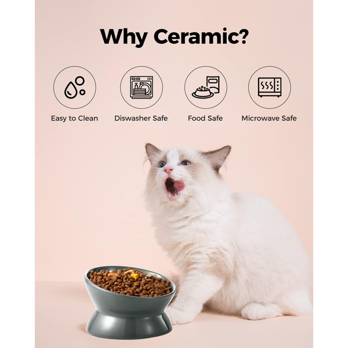 Підвищений годівниця для котів LoeJan, 142 мл, кераміка, анти-блювотна, для захисту хребта, підходить для котів, маленьких собак та кошенят, сірий колір, 1 шт.