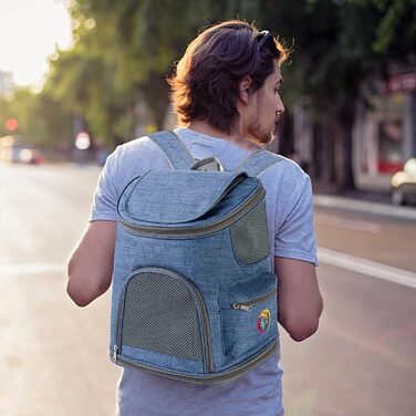 PETCUTE Рюкзак для собак, дихаючий, з м'яким матрацом, складний, з безпечною шлейкою, для подорожей, велосипеда, літака (Темно-синій 1)