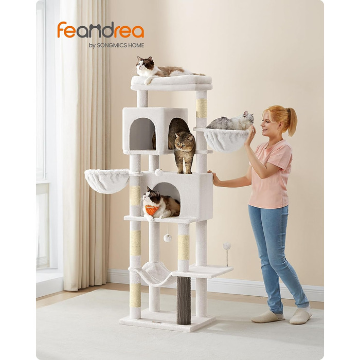 Котячий комплекс Feandrea 175 см XL, багаторівневий, кремовий, з 2 будиночками, 2 гамаком, 5 стовпчиками-кігтеточками, щіткою та великою платформою