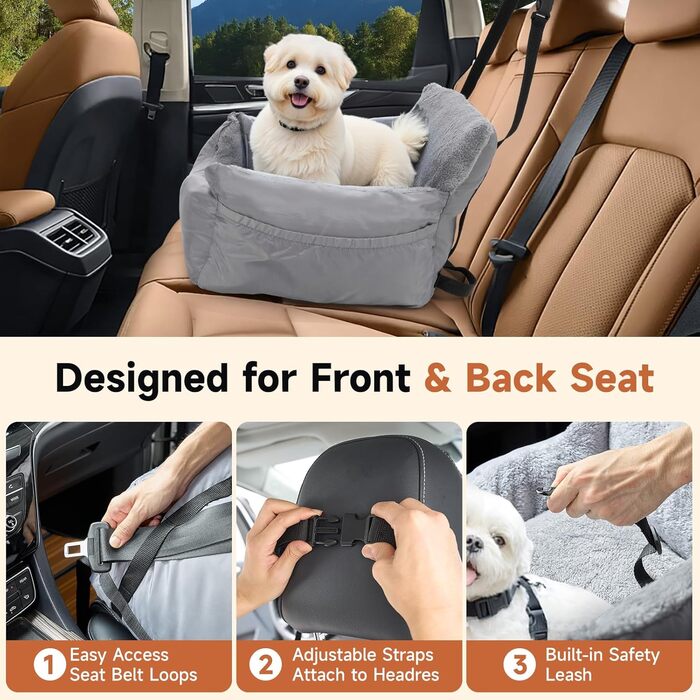 Зручний автокрісло для собак з кишенею, водонепроникне лежак для тварин, неслизьке автоліжко для маленьких собак, 55 x 50 x 35 см (Сірий)