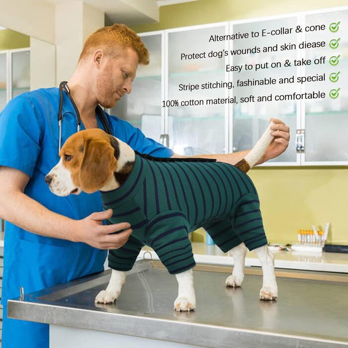 Піжама для собак після операції Kuoser: зручний боді для маленьких та середніх собак та котів (зелений, XS)