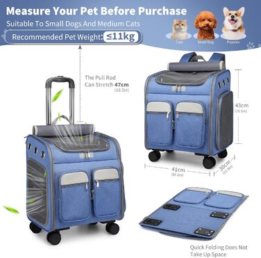 PETCUTE Рюкзак-переноска для котів та собак з візком 2 в 1 до 11 кг, складаний, з підкладкою, багатофункціональний, дихаючий, для подорожей (Блакитний)