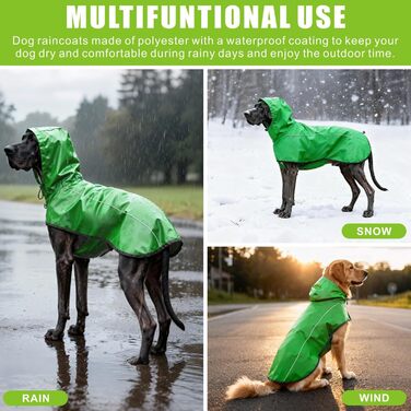 Дощовик для собак Mosucoir з відбиваючими елементами та регульованою капюшоном, водонепроникний, для великих собак (зелений, L)