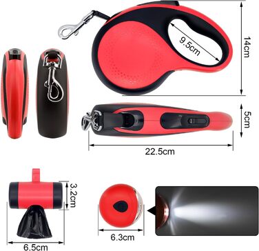 МоYouno Висувна поводок для собак 8 м з тримачем для відходів, червоний