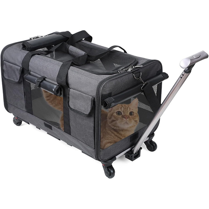 Транспортна сумка для котів PETCUTE з колесами, дихаюча переноска для 2 котів, складана переноска для собак з телескопічною ручкою, знімний килимок, ідеальна для подорожей, темно-сіра