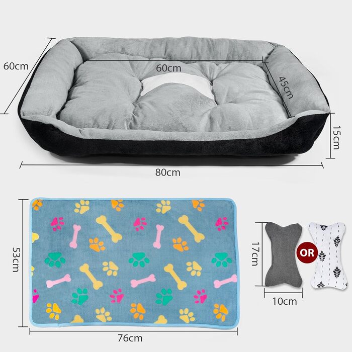 Лежанка для собак середнього розміру з високими бортиками та знімним чохлом, 80x60x15 см (Сірий), BLACK