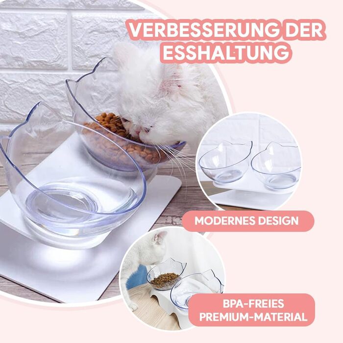 Миска для котів Katzenliebe PurrBowl з піднятою платформою та кутом нахилу 15° - запобігає блювоті. Прозора біла миска-подвійний набір з підставкою.