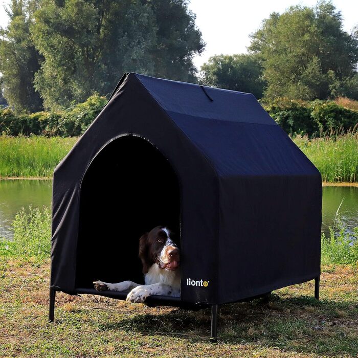 Лежанка для собак Lionto Outdoor з дахом, 110x75x105 см, водовідштовхувальне та зносостійке оксфордське полотно та дихаюча сітка, піднята лежанка з знімними ніжками, для собак до 60 кг (Чорний, L 130 x B 113 x H 85 см)