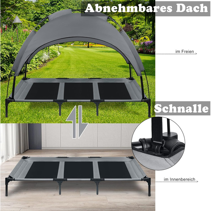 Підвищене собаче ліжко з дахом, сонцезахист, ліжко для домашніх тварин з балдахіном, лежанка для собак на вулицю, собаче диван, антиковзні підкладки, водонепроникний дах та дихаюча сітка, розмір L 92x76x92 см (XL - 122x92x102 см)