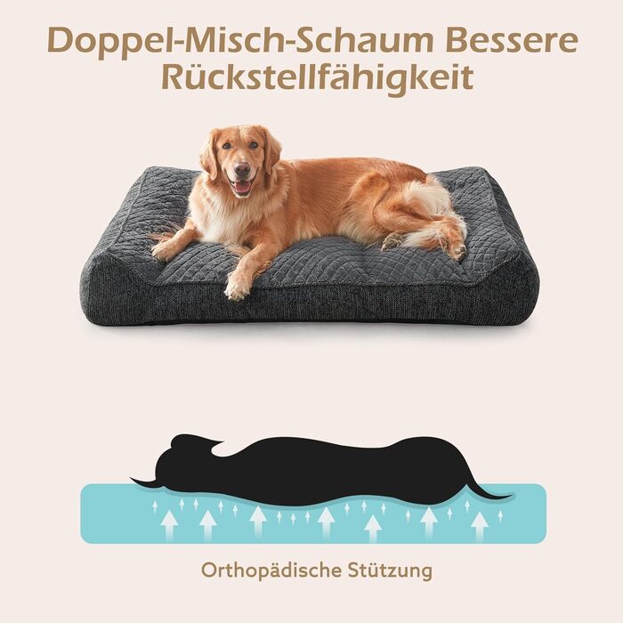 Ортопедичне ліжко для собак JOEJOY, великі породи, миюче, з неслизьким покриттям, кошик для собак з м'якого штучного хутра, 107x76x24 см, XL, сірий