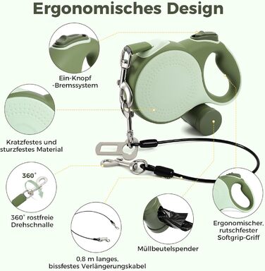 Рулетка для собак BMaobbo 8м, міцна сталева лебідка, тримач для відходів, антизаплутування, швидке гальмування, для собак до 50кг, для тренувань, лісу, пляжу
