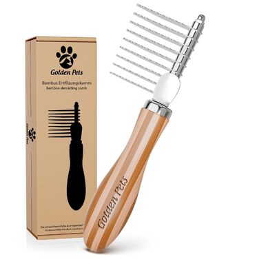 Гребінець для собак та котів Golden Pets Entfilzer Kamm для середньої та довгої шерсті | Підходить для собак та котів будь-якого розміру | Зі згладженими зубцями + Е-book з догляду за шерстю | 9 лез | Бамбук