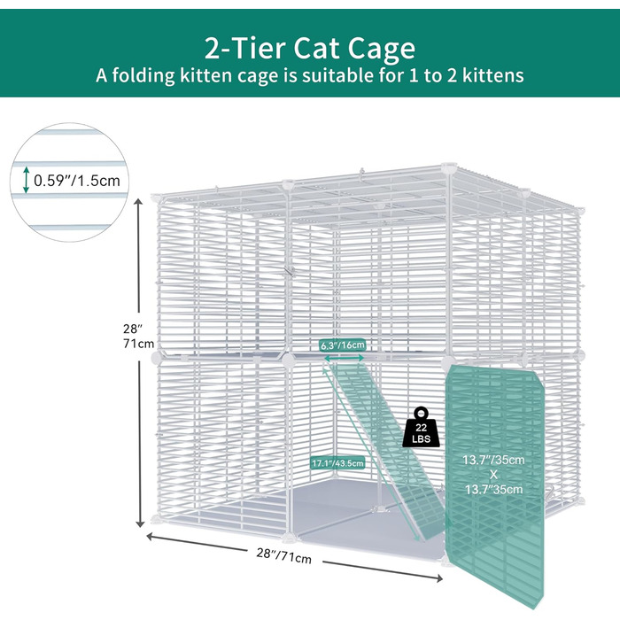 Клітка для котів YITAHOME для дому та вулиці, 2-ярусна, з металевим дротом, з 2 дверима та драбиною, 71x71x71 см, біла