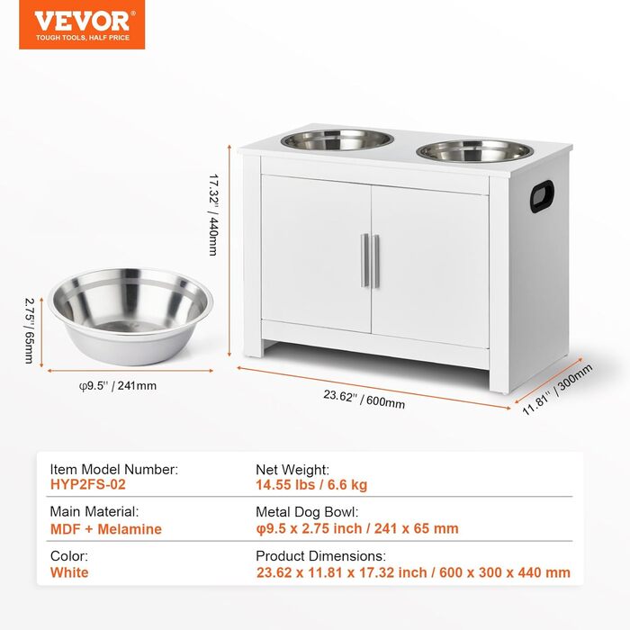 VEVOR шафа-кормниця для собак з 2 нержавіючими мисками 60x30x44 см, підвищена станція для годування з місцем для зберігання, біла, для великих собак