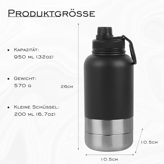 32oz (950 мл) Багатофункціональна пляшка для собак: поїльник, миска для їжі та води, з нержавіючої сталі 304, ізольована, для подорожей, активного відпочинку та прогулянок