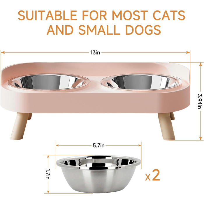 Підвищений годівниця для котів, набір мисок для їжі та води для котів, стійкий до бризок, з 2 мисками з нержавіючої сталі, рожевий