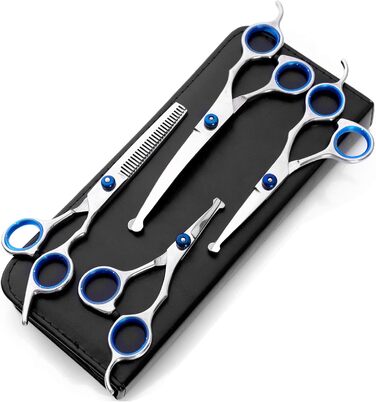Набір професійних ножиць для грумінгу собак 9CR Edelstahl з безпечними закругленими кінцями. Комплект для стрижки та догляду за шерстю собак, котів та інших тварин. Включає ножиці для вирівнювання та розрідження шерсті, а також гребінець.