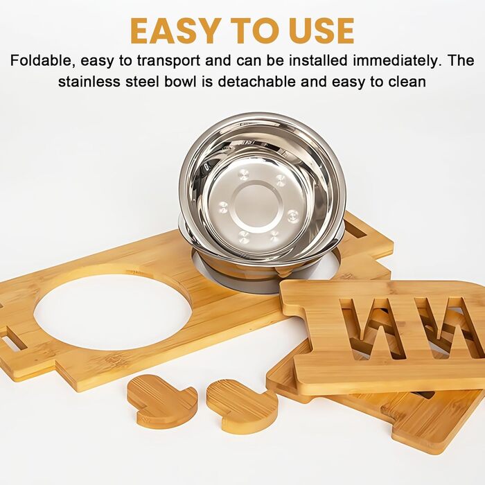 Підвищена годівниця для собак з бамбука з регулюванням висоти, 2 миски з нержавіючої сталі, нахилена годівниця для собак і котів, довговічна
