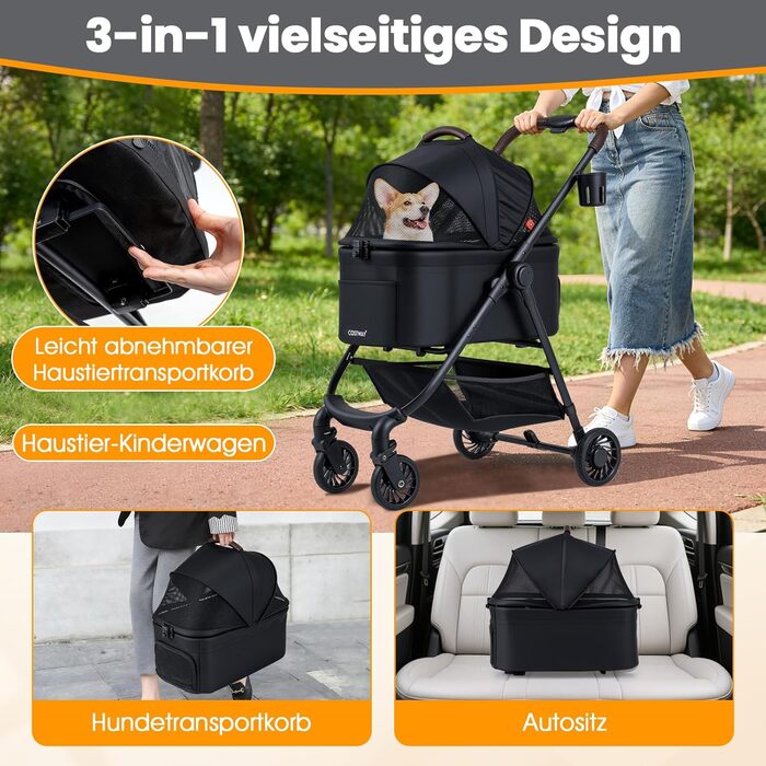 Візок для собак Costway 3 в 1, чорний: візок-будка, сумка-переноска, з регульованим дахом та корзиною