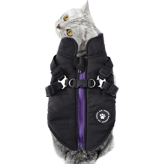Зимовий теплий одяг для собак - водонепроникна куртка з шлейкою та кільцями, тепла жилетка для цуценят та собак маленьких, середніх та великих порід, чорний, XS