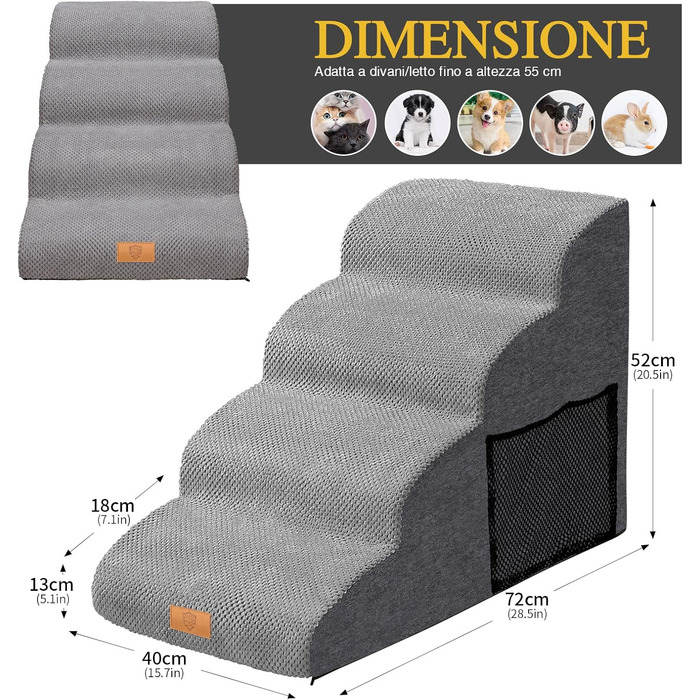 Сходинка для собак Masthome: 3 сходинки, 40 см, для маленьких собак та котів, сіра (губка)